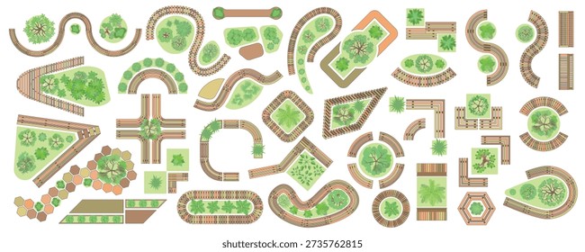 A set of isolated vector icons with a top view of furniture for the terrace, garden, backyard. Benches, tables, chairs of various shapes, green plants. Landscape design. View from above. Aerial