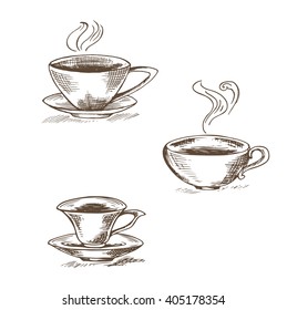 set of isolated vector illustration of coffee cups on a white background , contour silhouettes 