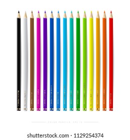 Set of isolated vector illustration of color pencils. Colorful stationery. Vector Eps 10. Colored pencils with shadows on white background. 