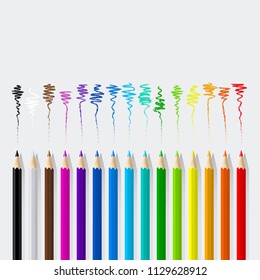 Set of isolated vector illustration of color pencils. Colorful stationery. Vector Eps 10. Colored pencils and flourish on light background.  