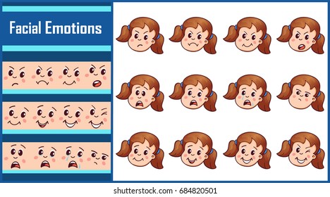 Set isolated vector illustration with facial expressions and emotions cartoon girl. Can be used for baby fashion, sticker and print design, t-shirt print, greeting card, animations.