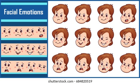 Set isolated vector illustration with facial expressions and emotions cartoon boy. Can be used for baby fashion, sticker, print design, t-shirt print, greeting card, animations.