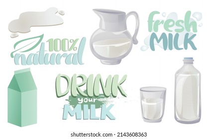 set of isolated vector illustration milk bottle, glass, pitcher, spilled milk, packaging and lettering phrases drink fresh natural milk in pastel green blue turquoise colours