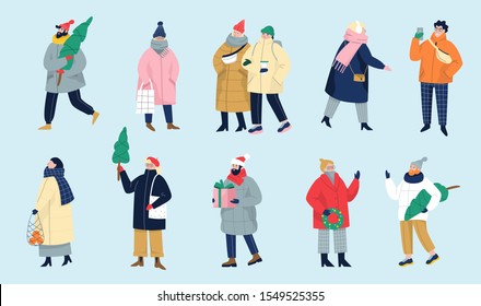 Set of isolated vector illustration of people wearing warm winter clothes. Happy winter activities, Christmas celebration. Warmly dressed man and woman with Christmas tree