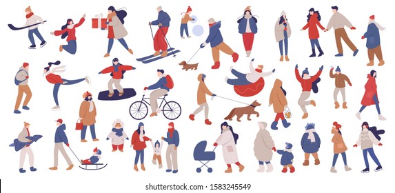 Set of isolated vector illustration of people wearing warm winter clothes. Happy winter activities with family, Christmas celebration. Cold season, skate on ice rink and making a snowman, skiing.