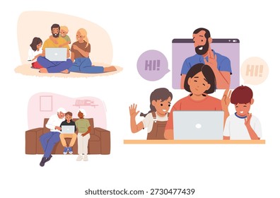 Set of isolated vector illustration showing happy family with children gathered around laptop. Parents and kids engaged in various activities watching movies, chatting online in cozy home environment