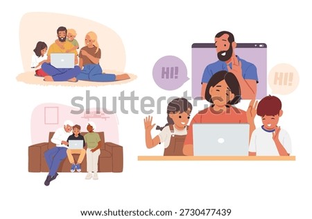 Set of isolated vector illustration showing happy family with children gathered around laptop. Parents and kids engaged in various activities watching movies, chatting online in cozy home environment