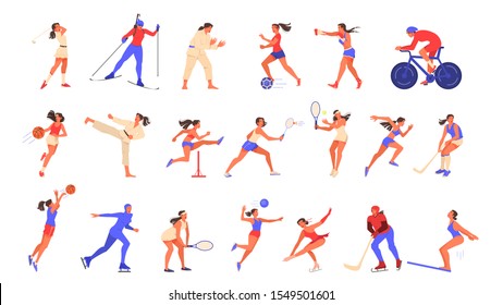 Set of isolated vector illustration of woman doing sport. Set of woman playing sport games. Young professional sportswoman training. Idea of sportive active lifestyle