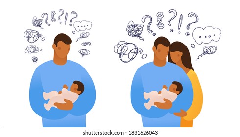 Set of isolated vector illustrations about issues of childbearing, upbringing and caring for a newborn, depression. A man hugs a child and thinks, cartoon design