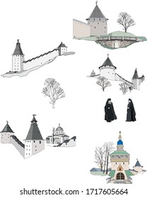 Set of isolated vector illustrations of buildings and walls of the Old Russian Monastery.