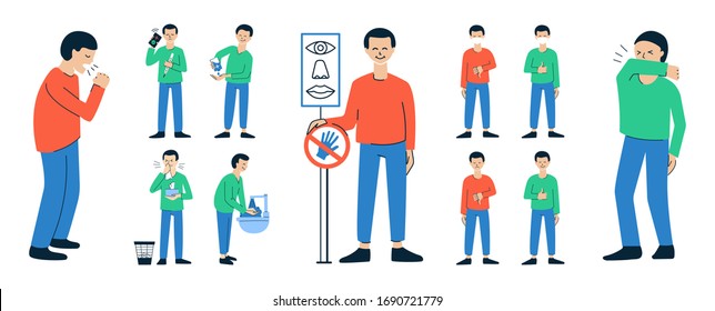 Set of isolated vector illustrations. Coughing and sneezing menn with a fever. Washing hands. Personal hygiene. Do not touch eyes, mouth, nose. Healthy, smiling people. Face mask