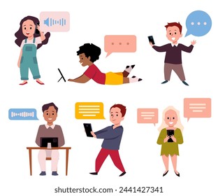 A set of isolated vector illustrations depicting children using phones to communicate and listen to chats, reflecting the essence of children's digital communication and gadget addiction.