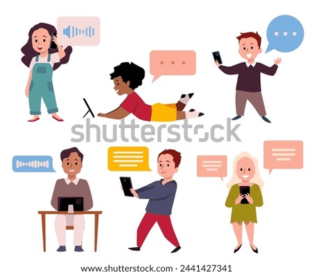 A set of isolated vector illustrations depicting children using phones to communicate and listen to chats, reflecting the essence of children's digital communication and gadget addiction.
