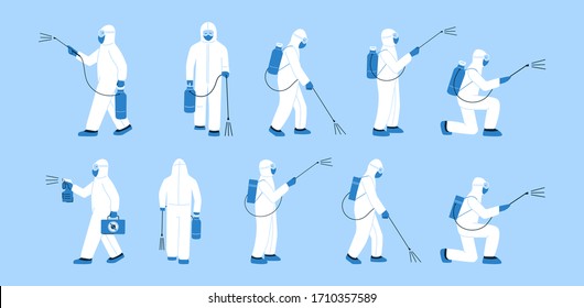 Set of isolated vector illustrations in flat style. No germs. Man, specialist, doctor in white hazmat suit, mask. Disinfection in public places. Decontamination as a prevention against virus spread