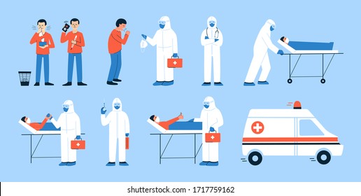 Set of isolated vector illustrations in flat style. Coughing, sneezing man with fever calling ambulance. Doctor in hazmat suit transporting patient on stretcher bed. Man lying in hospital bed.