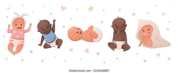 Set of isolated vector illustrations of newborn babies girls and boys in diapers.