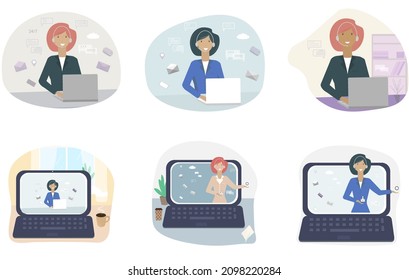 A set of isolated vector illustrations on white. A girl online assistant in a store or service sector sitting at a workplace explains and helps the client. The concept of employee assistance in online
