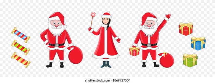 Set of isolated vector illustrations of Santa Claus, snow maiden, gifts and candy.
