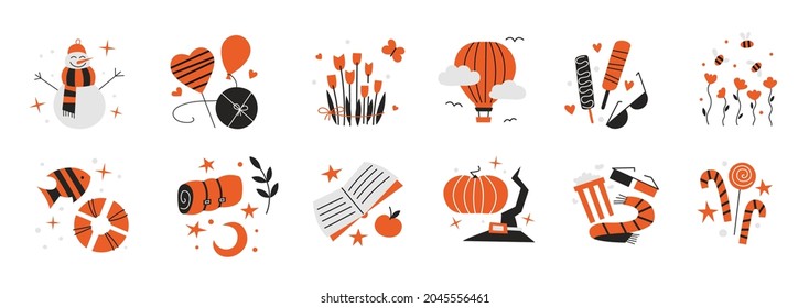 Conjunto de ilustraciones vectoriales aisladas. El clima y las temporadas son imágenes prediseñadas. Los corazones de los hombres de nieve aman las flores helados de globo que acampan el libro de cine Halloween Navidad festividades. Año Nuevo del tigre 2022