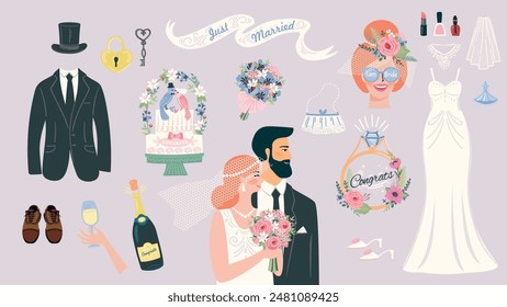 Set of isolated vector illustrations for wedding celebration and other uses