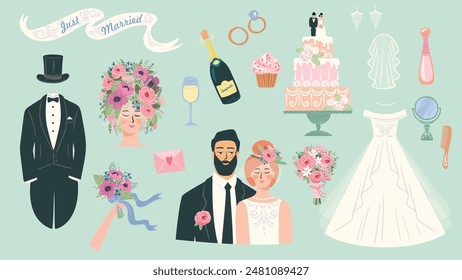 Set of isolated vector illustrations for wedding celebration and other uses