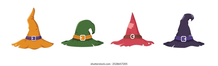 set of isolated vector illustrations of witch hats in various colors. Witch hat with buckle on white background.	
