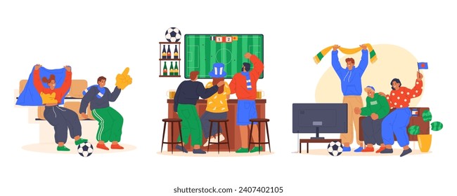 Set of isolated vector image of soccer fan cheering. Company watch football at pub or bar, home with tv or outdoor at stadium. Goal celebration and company cheer for team or club. Sport ball game