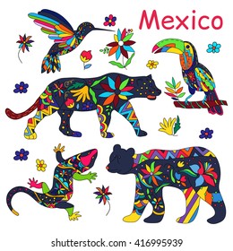 A set of isolated vector images of Mexican animals. The black bear , jaguar , toucan, lizards , hummingbirds. Traditional Mexican animals in colorful colors and flowers. Vector illustration.
