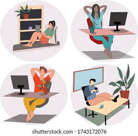 Set of isolated vector images with people freelancing from home and studying online. Working at home, coworking space, concept illustration. Young people, man and woman freelancers working on laptops 