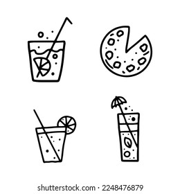 Set of isolated vector images of soft drinks. Quick snack, cocktails, juices, pizza.