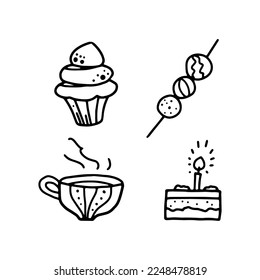 Conjunto de imágenes vectoriales aisladas de caramelos. Muffin, tarta, té, pastel con una vela.