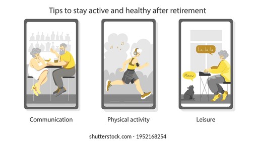 A set of isolated vector images in trendy color scheme. Mobile application for social activity after retirement. Elderly people staying active and fit. App for modern pensioners who want to socialise.