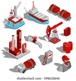 A set of isolated vector isometric illustrations, 3D icons of the oil industry.