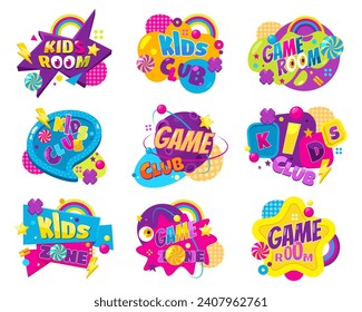 Set of isolated vector kids or children labels for playroom or game zone. Child play area banner, playing zone sticker, badge or sign for kids club. Childish playground decoration design. Room text