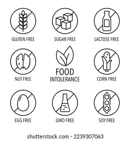 Set of isolated vector label icons for packaging design of food intolerance and diet food. No wheat. Gluten, sugar free, lactose intolerant. Vector of no sugar, gluten and dairy illustration