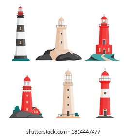 Set of isolated vector lighthouses on islands in flat style. Coastline landscape with beacon. Faros on seashore, lighthouse on the rock. Hope symbol, expectation, solitude or goal concept