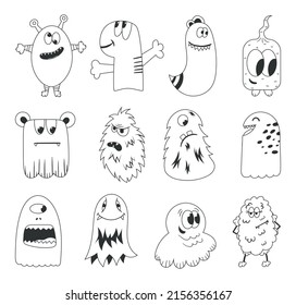 Set of isolated vector line icons of funny monsters.