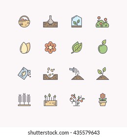 Set of isolated vector line icons for gardening. Care of plants and seedlings, tillage, and harvesting on the farm.