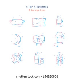 Set of isolated vector line icons with sleep problems and insomnia symbols