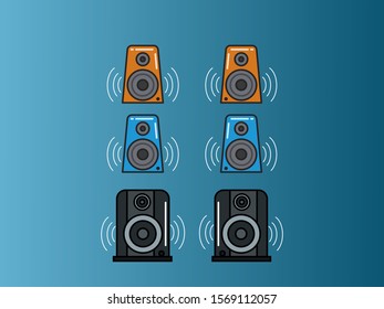 Set of isolated vector musical speakers in different colors. Music speakers in different colors: orange, blue, black.