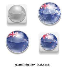Set Isolated Vector New Zealand flag is made in form of realistic volume glass button plastic-based on white background for brochures, printed materials, element, web site, Illustration, Image, Icon
