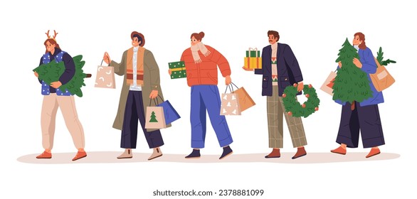 Set of isolated vector people with new year gift. Cartoon flat clipart of man and woman with present bags for Christmas, fir tree and wreath for Xmas. Winter holiday and festive shopping. Wintertime