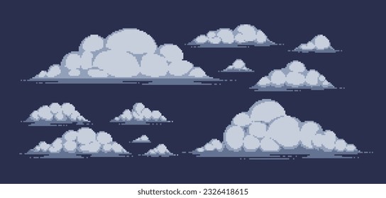 Set of isolated vector pixel art thunderclouds for retro games.