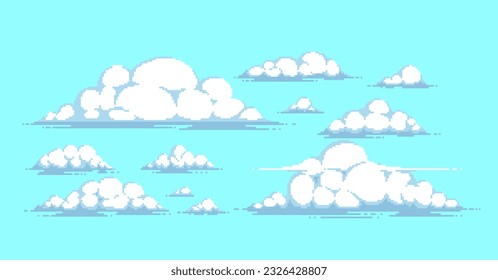 Set of isolated vector pixel art clouds for retro games.