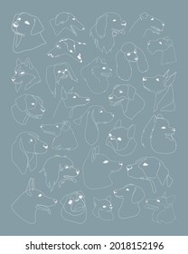 Set with isolated vector portraits of different dog breeds, line art style