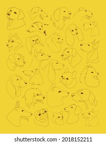 Set with isolated vector portraits of different dog breeds, line art style