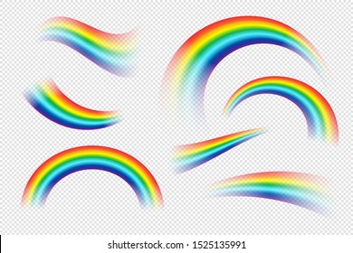 Set of isolated vector rainbow on transparent background. Realistic arch in the sky. Fantasy vector Illustration