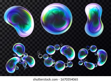 Conjunto de burbujas vectoriales realistas aisladas o sueros de jabón con reflexión. Balón 3d de agua brillante o globo de champú líquido. Esfera acuática brillante o globo de jabón, espuma translúcida o soplo de jabón