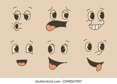 Set of isolated vector retro stickers, facial expression, groovy emotions, old cartoon style.