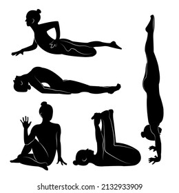 A set of isolated vector silhouette illustrations of a fit young lady doing yoga and exercising for a healthy lifestyle on a white backdrop for graphic t-shirts, icons, web, posters, and prints.